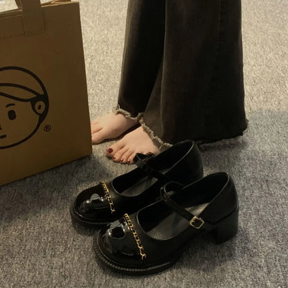 Women's Summer Footwear On Heeled Round Toe Shoes For Woman 2025 Gothic Mary Jane Pumps High Heels Luxury Leather Casual Black A