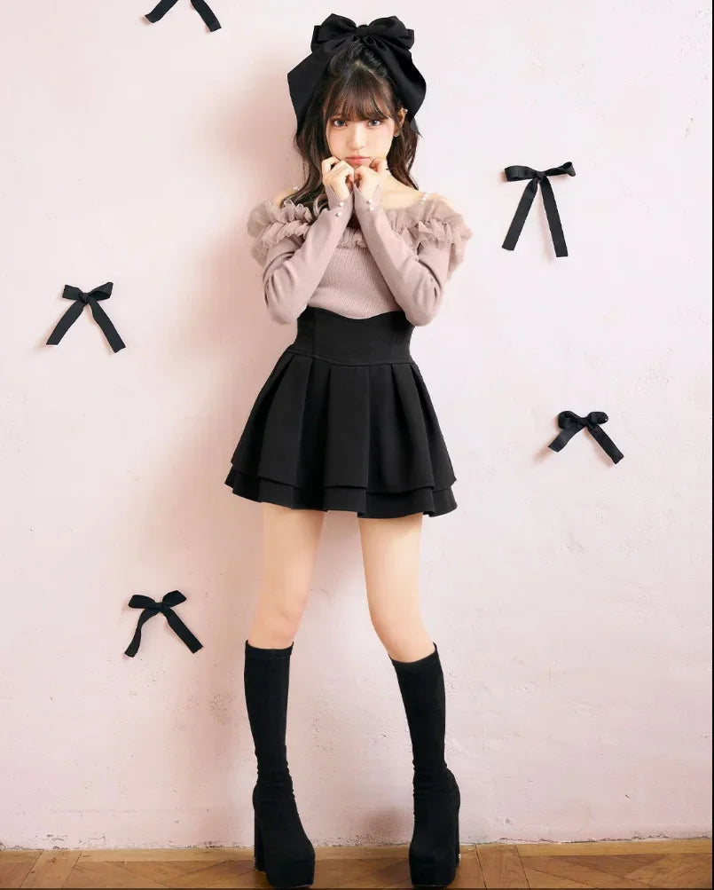 Japanese Lolita Skirts Ruffled Pleated Plaid Skirt Women 2025 Spring New Elastic High Waist Slimming Gentle Mini Skirt Culottes