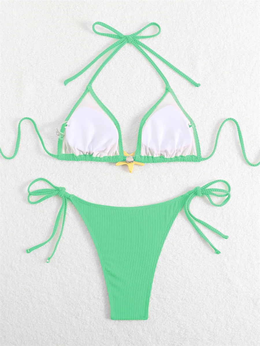 Women Swimsuits Separate Halter Bikinis Set With Chest Pad Solid Color With Starfish Beachwear Summer Vacation Two-Piece Sets