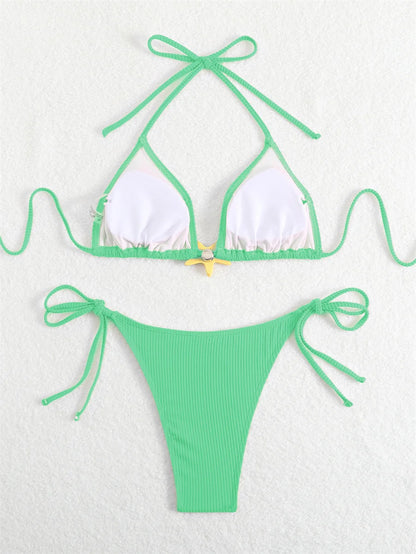 Women Swimsuits Separate Halter Bikinis Set With Chest Pad Solid Color With Starfish Beachwear Summer Vacation Two-Piece Sets