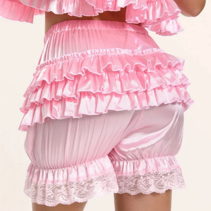 Satin Lace Ruffles Lolita Bloomers Shorts Pants Women Pink Tiered Kawaii Pumpkin Panties Y2k Vintage Victorian Bloomer