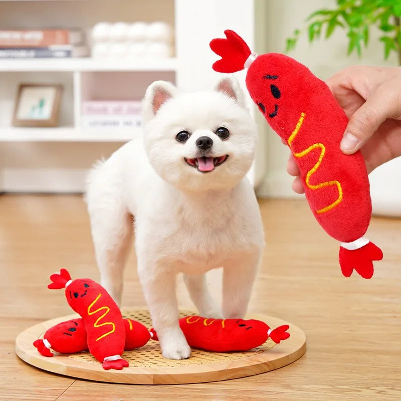 Dog Sound Plush Toy Hot Dog Chewing Toy Pet Grinding Teeth Squeaky Plush Toy Puppy Bite-resistant Interactive Chew Toy ﻿