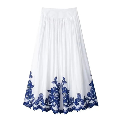 HH Blue Floral Embroidery Skirt For Women Fashion Casual Loose Elastic Waist Skirt Pleated Woman High Waist Midi Skirts