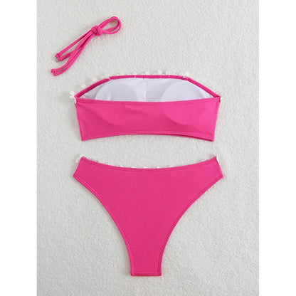 Sexy Solid Floral Strapless Bikini 2 Piece Set Women Split Swimsuit Beach Bikinis 2025 New Summer Swimwear Bikinis Set