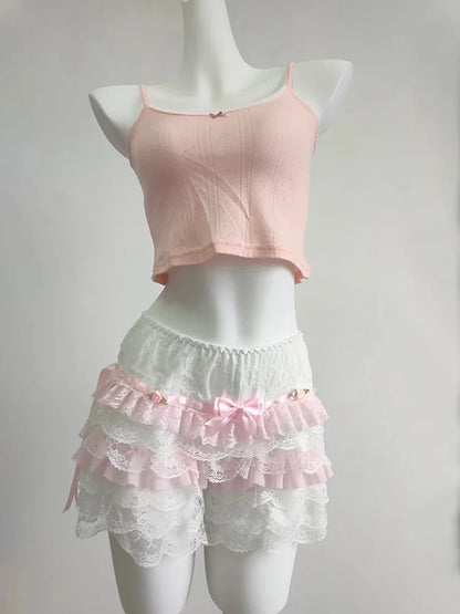 Cute Shorts Women Summer Bow Decoration Pink Lace Patchwork Elastic Waist Lolita Multilayer Bottoming Shorts for Sweet Girls