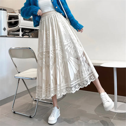 Elegant High Waist Black Big Swing Tulle Skirt Autumn Women'S Lace Mesh Long Skirt Korean Loose All Match Pleated Skirt Clothes
