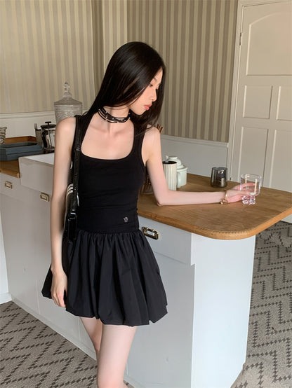 CHEERART Y2k Knitted Little Black Short Dresses For Women Summer Patchwork Bodycon Ball Gown Ribbed Mini Dress
