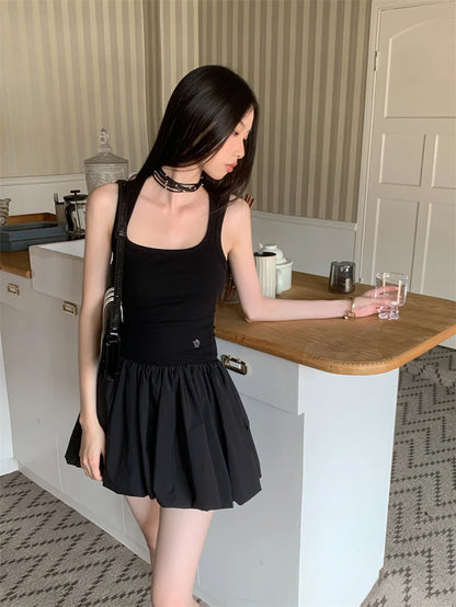 CHEERART Y2k Knitted Little Black Short Dresses For Women Summer Patchwork Bodycon Ball Gown Ribbed Mini Dress