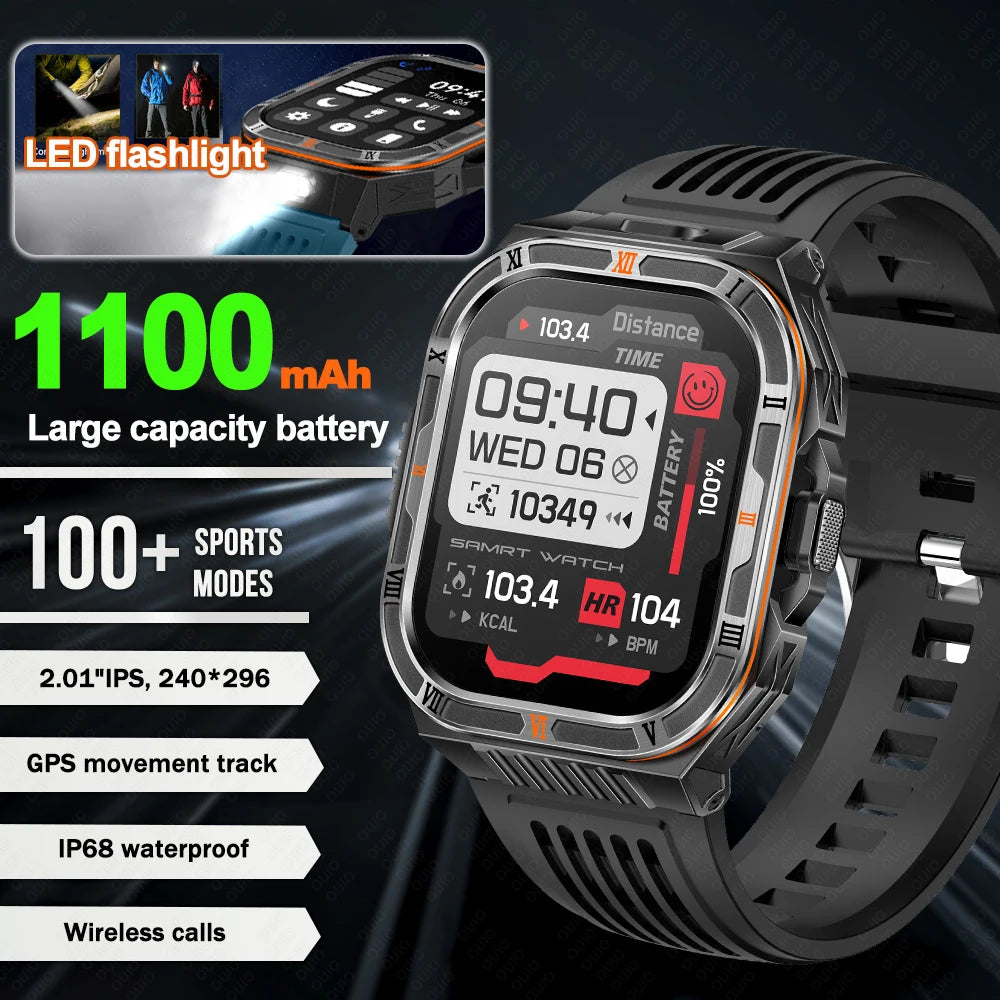 New 1100mAh Big Battery Smart Watch Men Outdoor Compass Bluetooth Call IP68 Waterproof Sports 2.01 Inch Flashlight Smart Watch