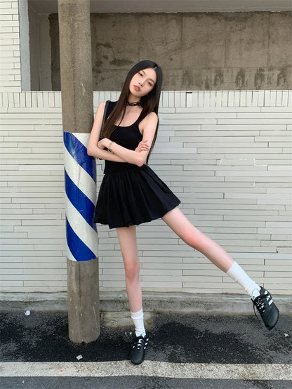CHEERART Y2k Knitted Little Black Short Dresses For Women Summer Patchwork Bodycon Ball Gown Ribbed Mini Dress