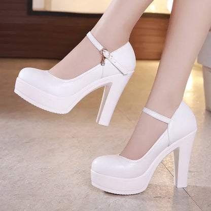 Small Size 32-43 Shallow Thick Bottom White Silver Wedding Shoes Bride Platform Pumps 2025 Block High Heels Shoes for Model Mom