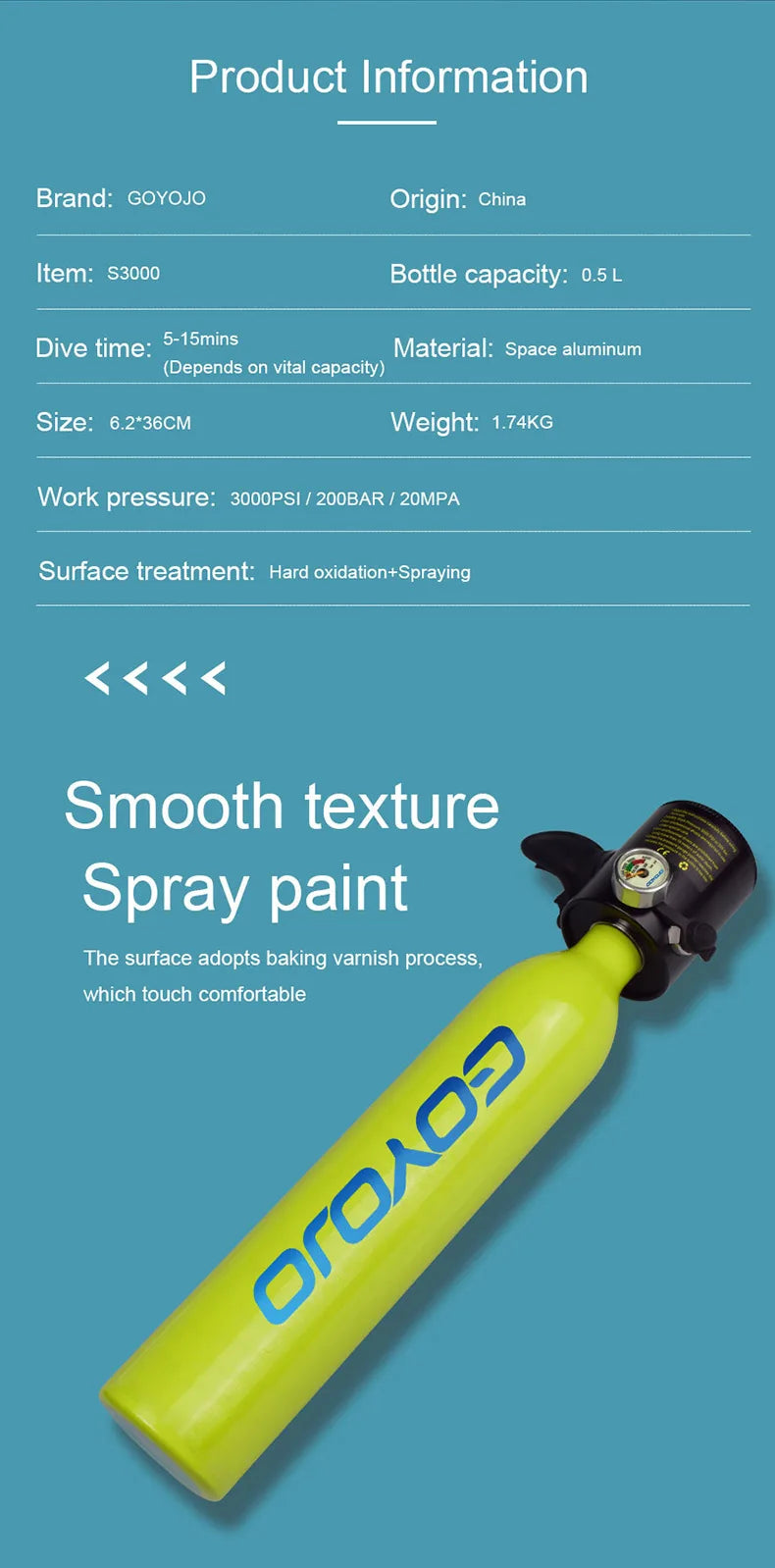 Mini Scuba Tank Diving Equipment Underwater Diving Cylinder Inflator 0.5L Outdoor Oxygen Tank 5-10 Minutes Spearfishing