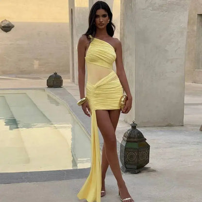 Avrilyaan Mesh Patchwork Backless Sexy Dress Women 2025 Nightclub Party Dress One-Shoulder Ruched Bodycon Mini Summer Dress