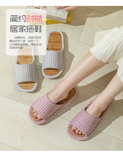 Striped Slippers Bamboo Women Autumn Home Couples Indoor House Non Slip Funny Sandals Shoes Male Soft Flat Summer For Tatami