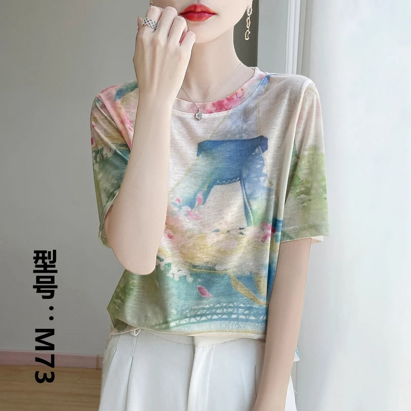 Spring And Summer New Lyocell Short Sleeve Sweater Loose Thin Half Sleeve T-shirt Printed Top