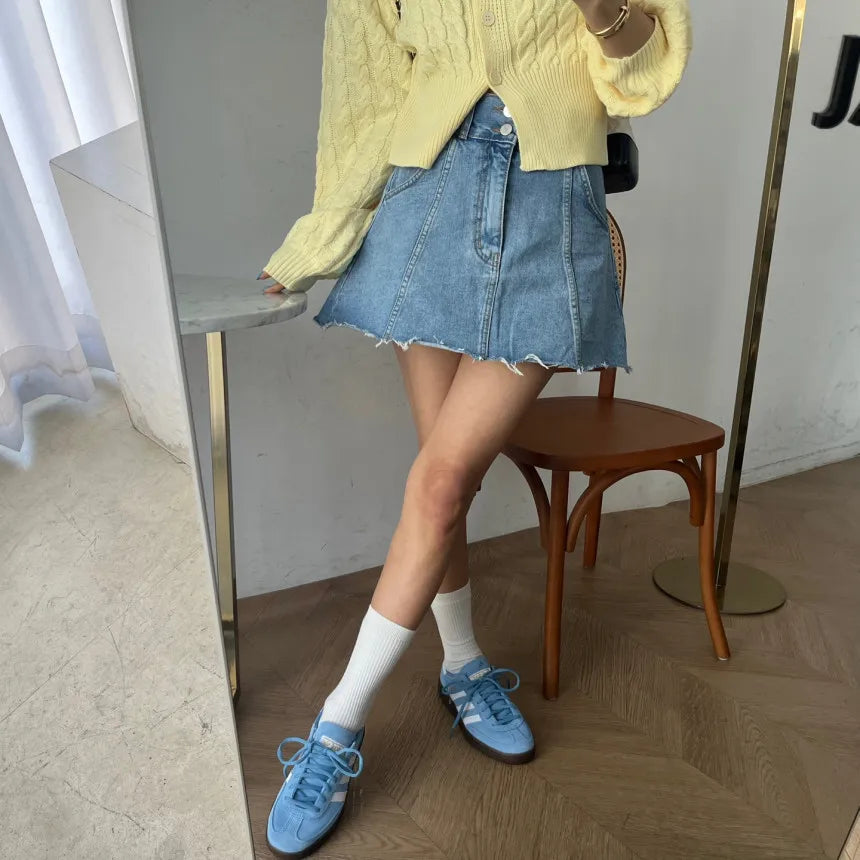 Chic High Waist A-Line  Skirt Women's Jeans ort Skirt Spring Vintage Slimming Splicing Hemming Girl's Faion Commute