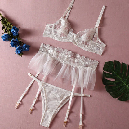 Lingerie Set Women Sexy Underwear Push Up Strappy Embroidered Mesh Sheer Lingerie Set See Through Panty Bra 3 Piece Langerie
