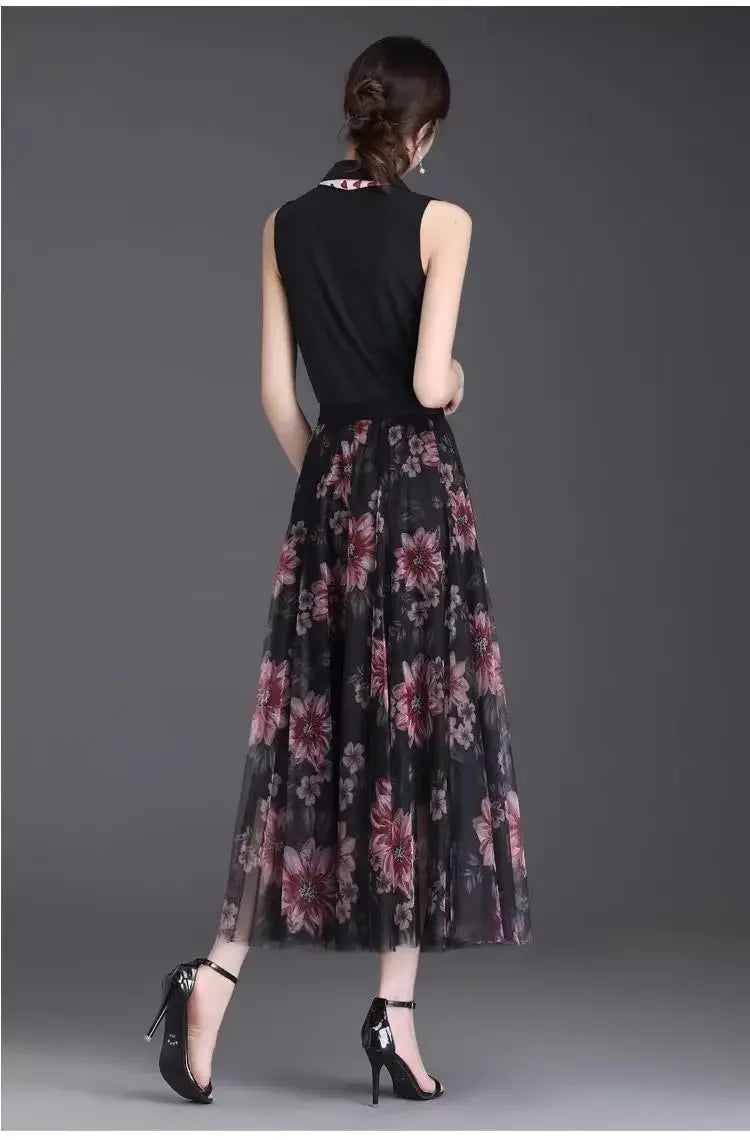 2025 High-waisted Slim Printed A-line Large Hem Skirt with Long Skirt Temperament, Fashionable and High-end