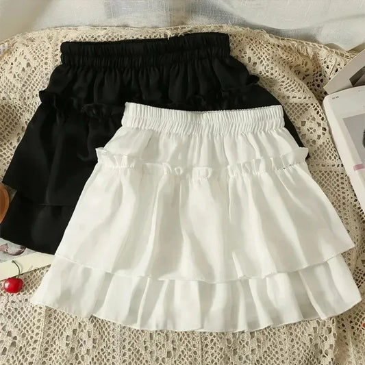 Summer Kawaii Pleated A-Line Skirt for Women White Ruffle Tiered Sweet Style Elastic Waist Summer Slim Korean Harajuku Dress