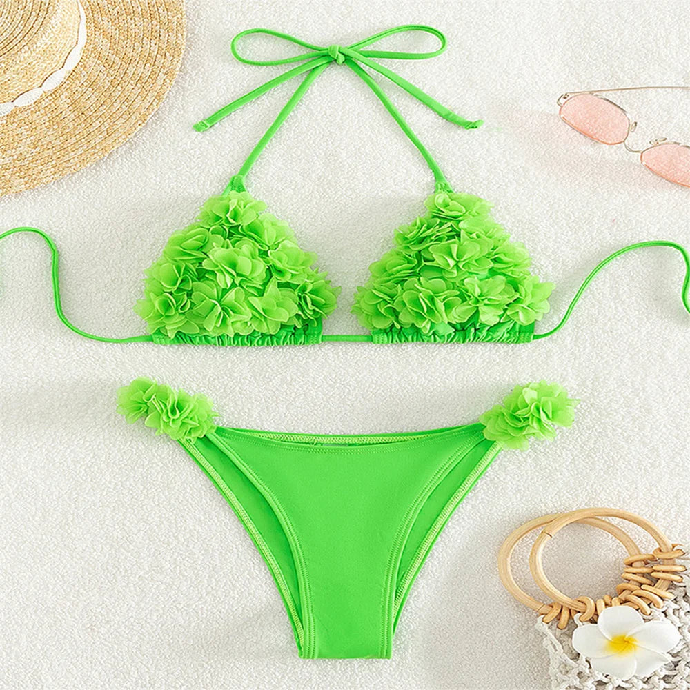 3D Flowers Bikini Top Set Halter String Extreme Backless Y2K Swimsuit Push Up Vacation Outfits Women Swimwear Beach Bathing Suit