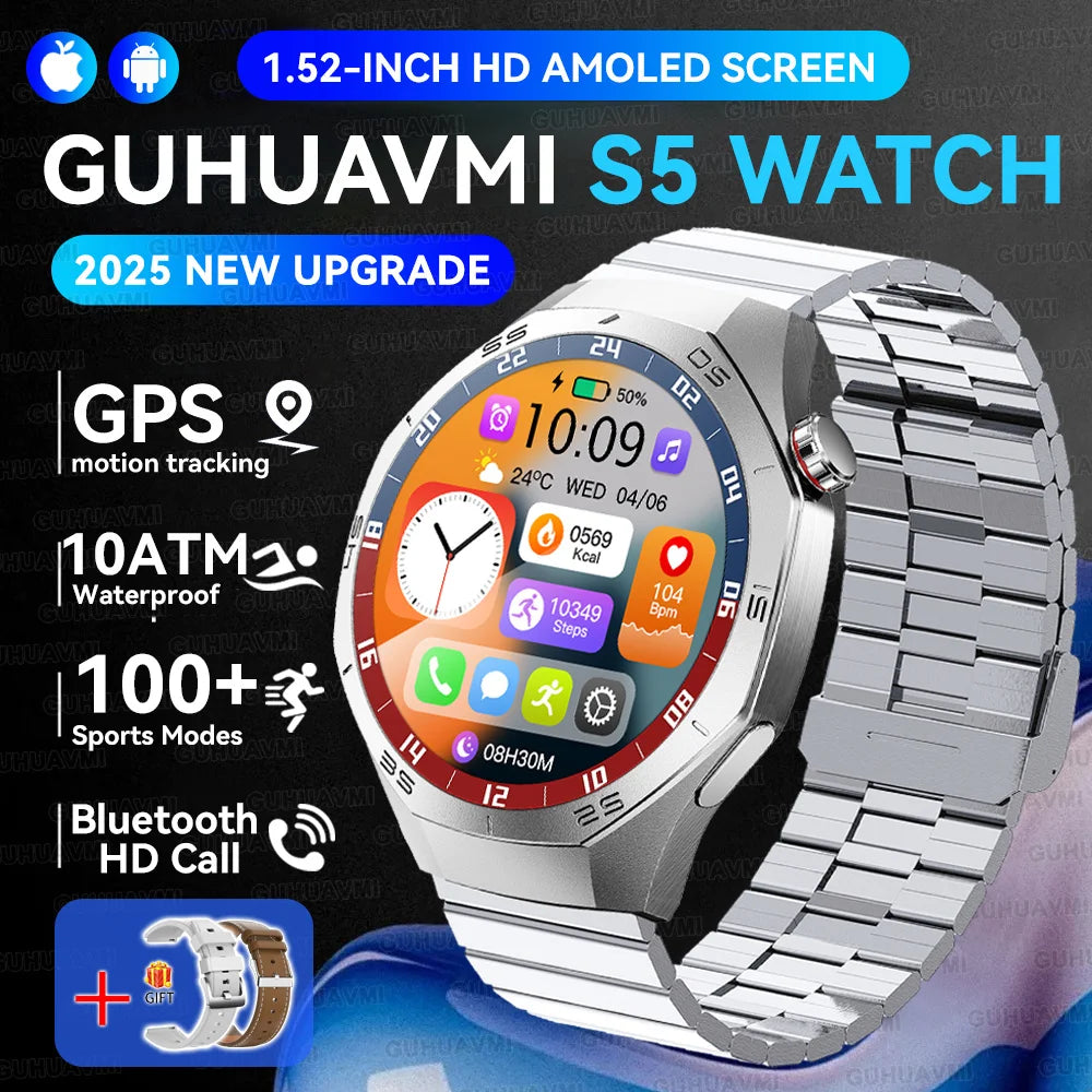 Luxury Metal Smart Watch For Men AMOLED Screen Bluetooth Call GPS Tracking Sports Heart Rate Monitor Smart watch For Android iOS