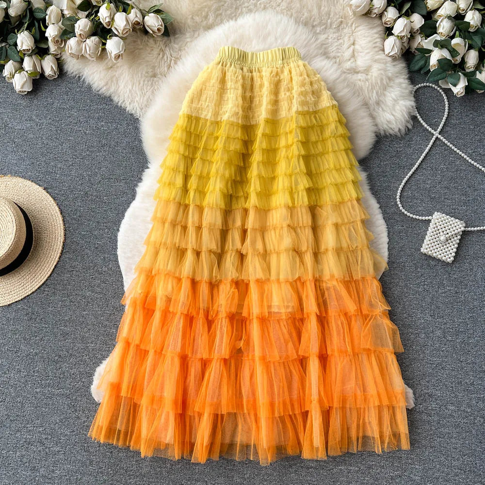 Voille Skirts Women Gradient Y2k High Waist Elastic Jupe Ladies Tulle Mujer Faldas Ruffles Long Female Mesh Skirt Dropshipping