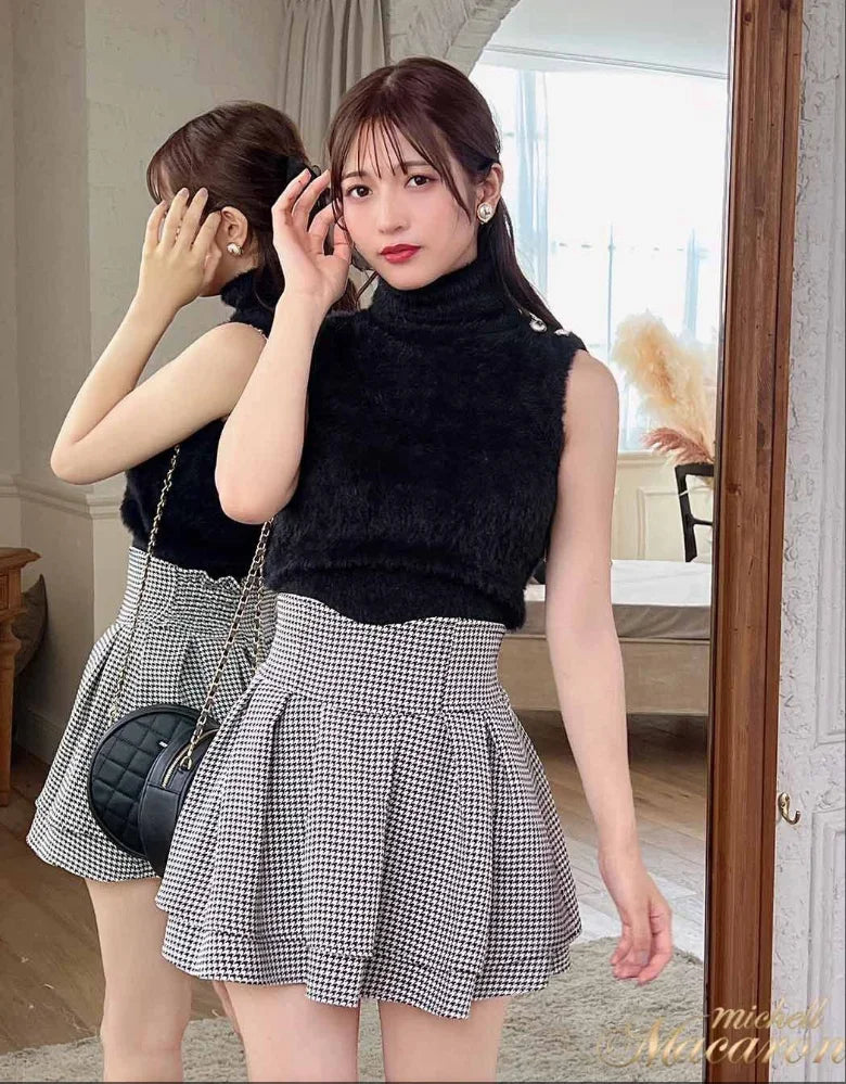 Japanese Lolita Skirts Ruffled Pleated Plaid Skirt Women 2025 Spring New Elastic High Waist Slimming Gentle Mini Skirt Culottes