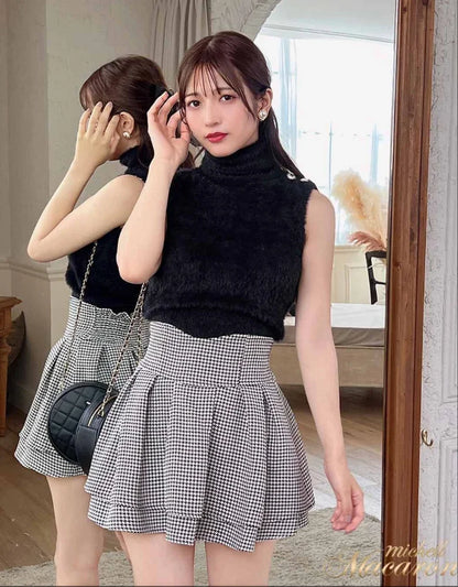 Japanese Lolita Skirts Ruffled Pleated Plaid Skirt Women 2025 Spring New Elastic High Waist Slimming Gentle Mini Skirt Culottes