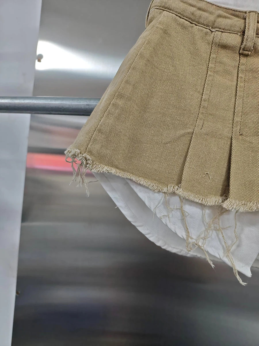 KBQ Temperament Slim Fit Denim Mini Slirts For Women High Waist Spliced Button Daily Casual Commute Skirt Female Fashion Style