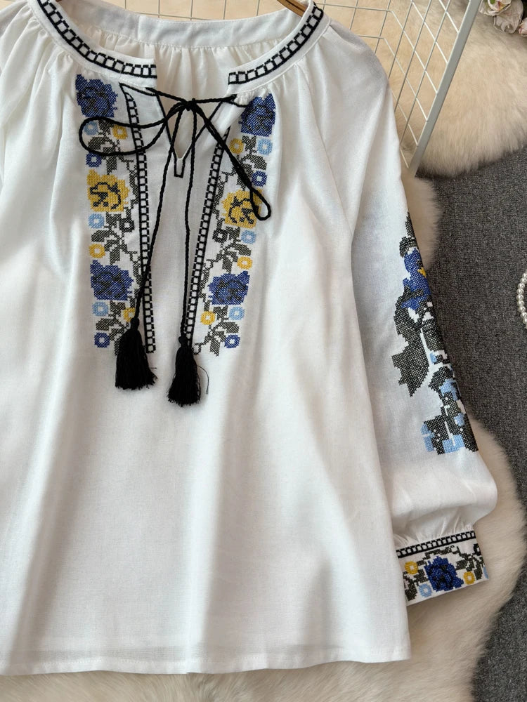 2026 Spring Retro Embroidered Shirt Top Female Lace Up Tassel Loose Lantern Sleeves Ethnic Style Blouse Female A70