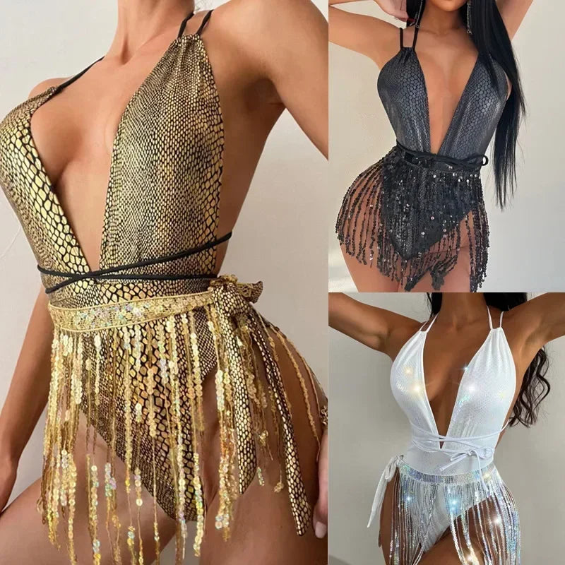 swimsuit women's new European and American sexy deep V swimsuitsNightclub hot girls tassel one-piece swimsuits