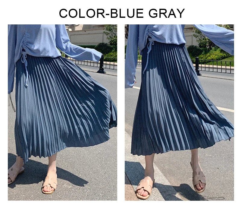 Womens Chic Pleated Swing Long Skirt with Liner Korean Fashion Kawaii Elastic High Waist OL Chiffon Shirring Mermaid Skirts K77
