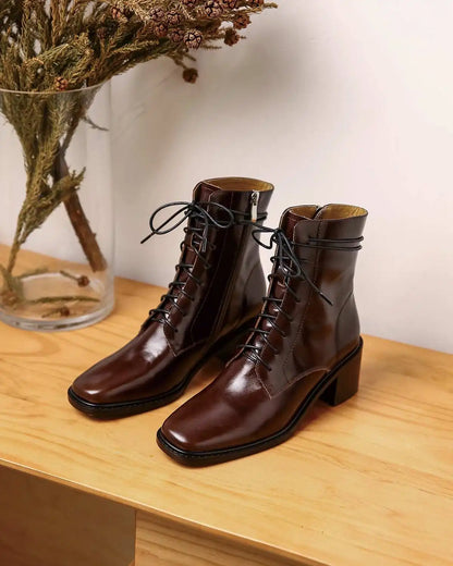 Krazing Pot 2025 Hot Sale Genuine Leather Square Toe Chelsea Boots High Heels Winter Season Lace Up Superstar Ins Ankle Boots