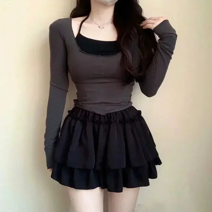 Summer Kawaii Pleated A-Line Skirt for Women White Ruffle Tiered Sweet Style Elastic Waist Summer Slim Korean Harajuku Dress