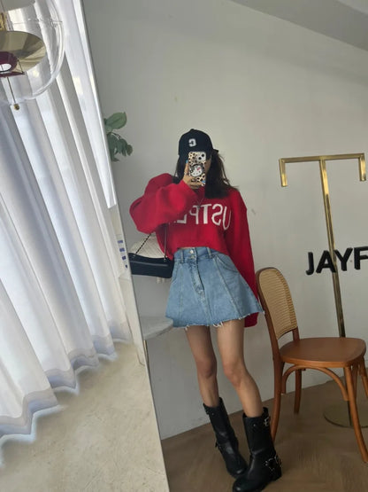 Chic High Waist A-Line  Skirt Women's Jeans ort Skirt Spring Vintage Slimming Splicing Hemming Girl's Faion Commute