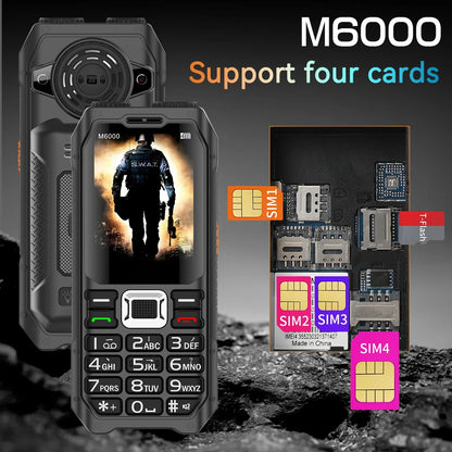 Rugged Outdoor Mobile Phone 4 Quad Sim Voice Changer Dual Torch Loudspeaker Large Button Powerbank Large Battery SOS Call Mobile
