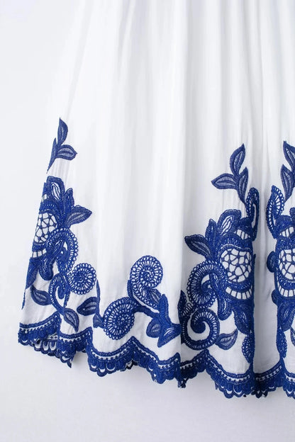 HH Blue Floral Embroidery Skirt For Women Fashion Casual Loose Elastic Waist Skirt Pleated Woman High Waist Midi Skirts