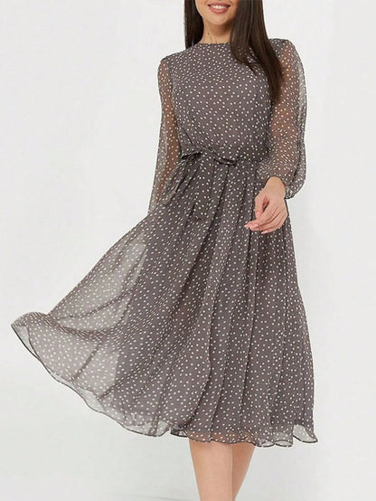 Print Dot Dress Women Casual Long Sleeve Round Neck Midi Dresses Lace Up Vocation Elegant Vestidos Summer 2025 Y2k Streetwear