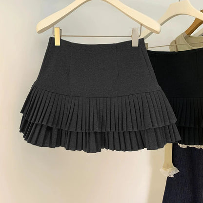 Autumn Winter Vintage Black Grey Versatile Pleated Short Skirt For Women 2025 Brown Temperament High Waist Sexy Mini Skirts Chic