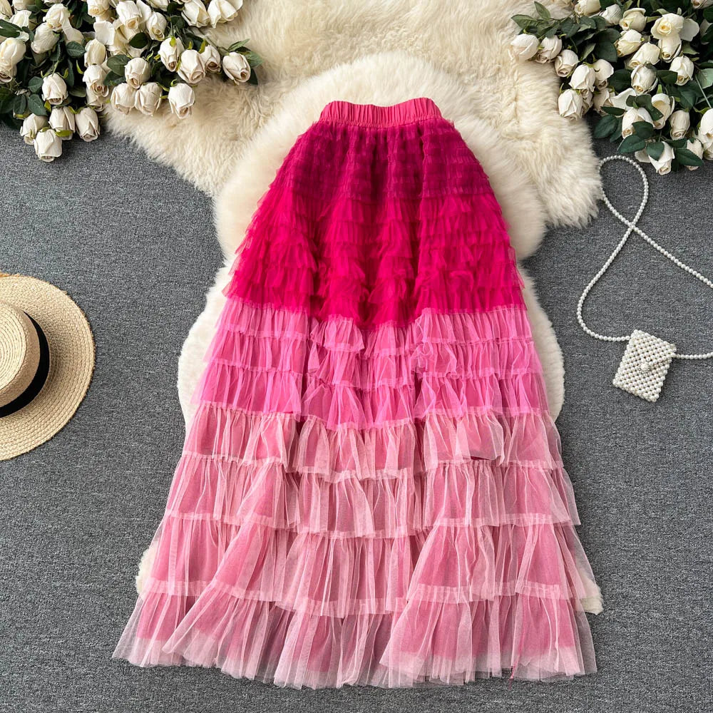 Voille Skirts Women Gradient Y2k High Waist Elastic Jupe Ladies Tulle Mujer Faldas Ruffles Long Female Mesh Skirt Dropshipping