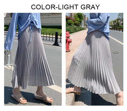 Womens Chic Pleated Swing Long Skirt with Liner Korean Fashion Kawaii Elastic High Waist OL Chiffon Shirring Mermaid Skirts K77