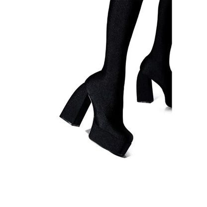 2024 New Pants Jumpsuit Boots Elastic Cloth Boots Racing Party Super Cool Square Head Waterproof Platform Thick Heel Boots 35-46