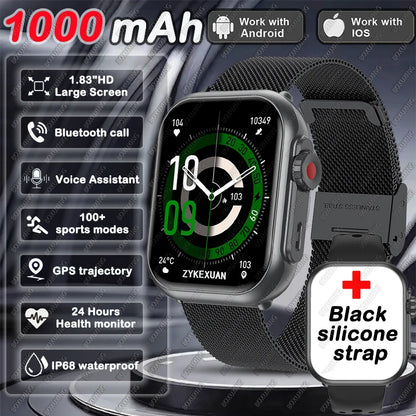 1000 mAh Smart Watch Men Women 1.85-Inch AMOLED GPS 100+Sports Mode Watches Heart Rate Bluetooth Call IP68 Waterproof Smartwatch