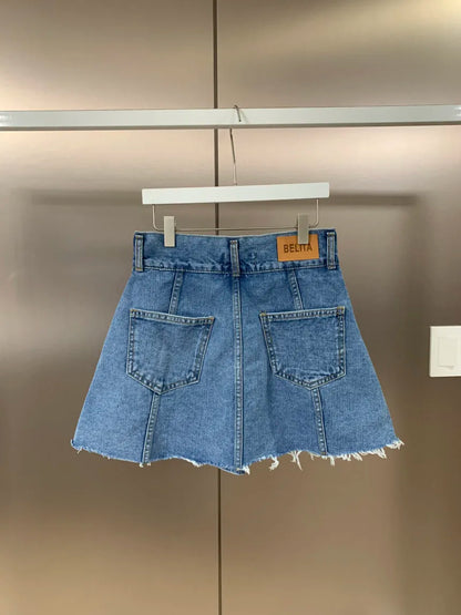 Chic High Waist A-Line  Skirt Women's Jeans ort Skirt Spring Vintage Slimming Splicing Hemming Girl's Faion Commute