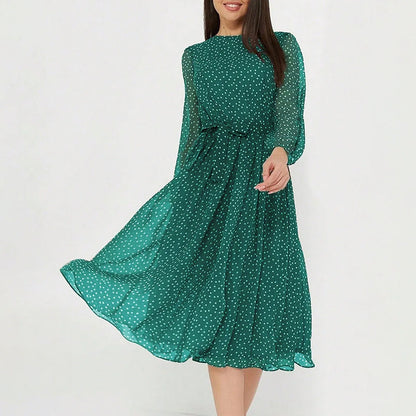 Print Dot Dress Women Casual Long Sleeve Round Neck Midi Dresses Lace Up Vocation Elegant Vestidos Summer 2025 Y2k Streetwear