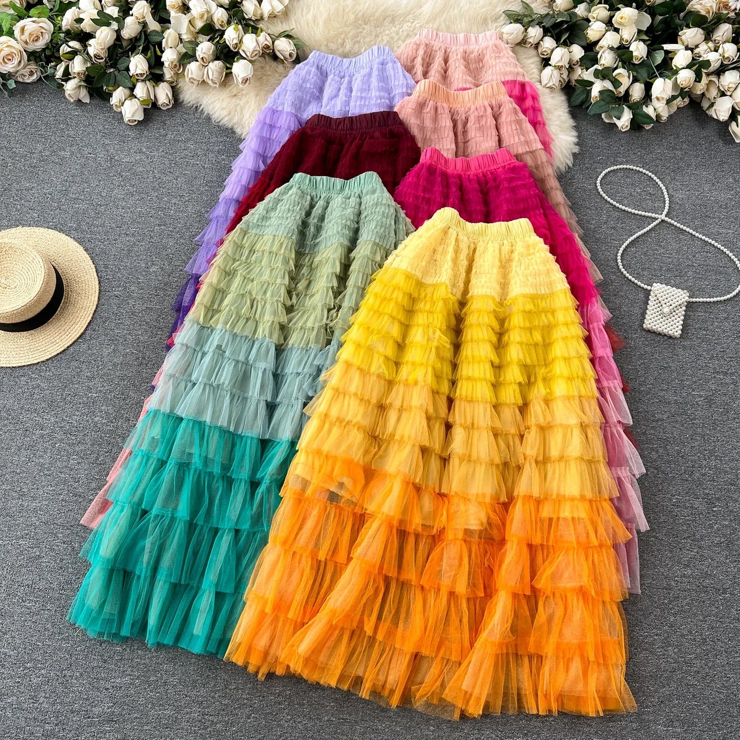 Voille Skirts Women Gradient Y2k High Waist Elastic Jupe Ladies Tulle Mujer Faldas Ruffles Long Female Mesh Skirt Dropshipping
