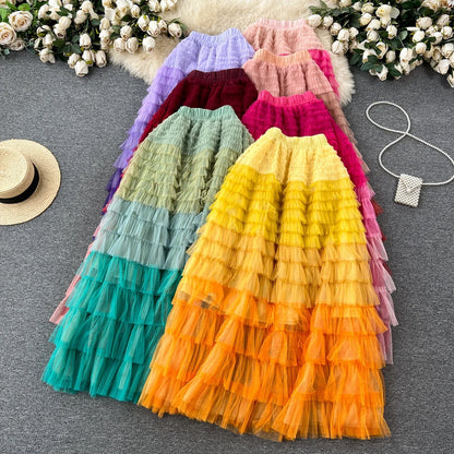 Voille Skirts Women Gradient Y2k High Waist Elastic Jupe Ladies Tulle Mujer Faldas Ruffles Long Female Mesh Skirt Dropshipping