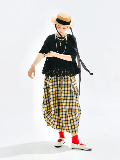 Yellow checkered skirt 2025 imakokoni original autumn Japanese color woven artistic pure cotton lantern skirt for women 255122