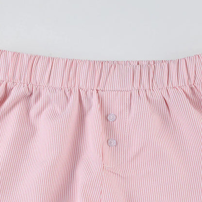 Striped Print Casual Shorts for Women Elastic Waist Fashion Button Bottoms Streetwear Chic Basic Y2K Loose Shorts