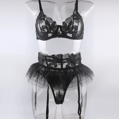Lingerie Set Women Sexy Underwear Push Up Strappy Embroidered Mesh Sheer Lingerie Set See Through Panty Bra 3 Piece Langerie